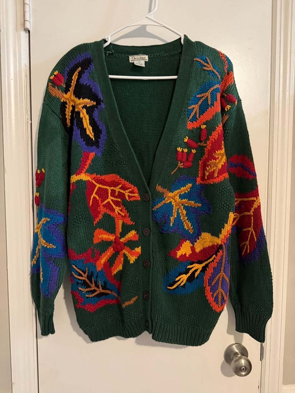 Christina Green Fall Leaves Embroidered Cardigan Sweater Size L